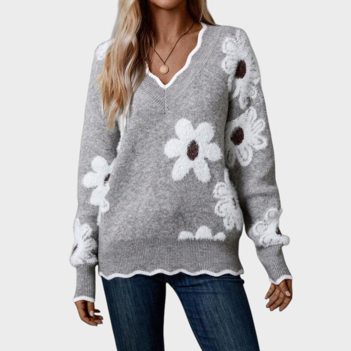 Andreea - V-neck Sweater with Floral Print