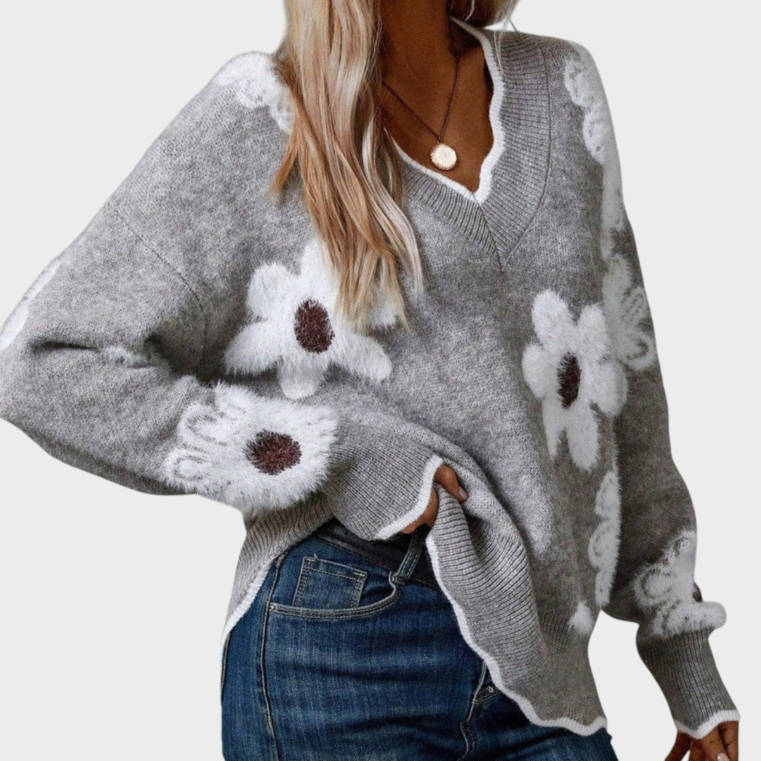 Andreea - V-neck Sweater with Floral Print