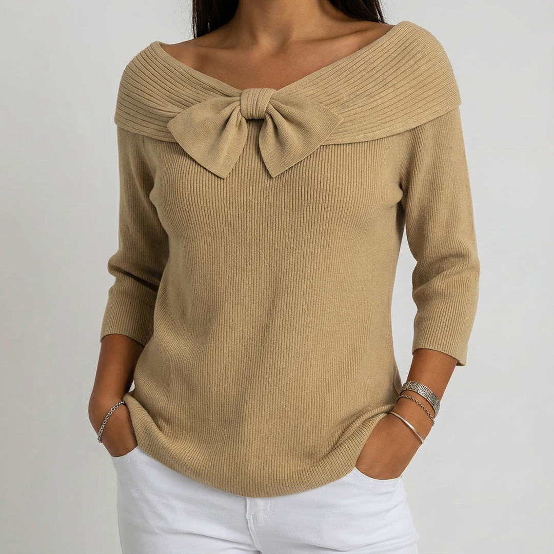 Pulover cu Decolteu Bardot și Fundă