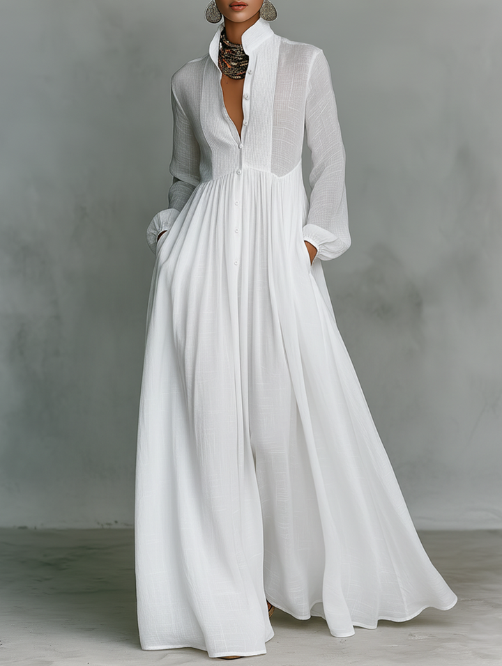 Crina | Rochie Maxi Minimalistă din Bumbac și In cu Patchwork, Gât Înalt și Mâneci Lungi