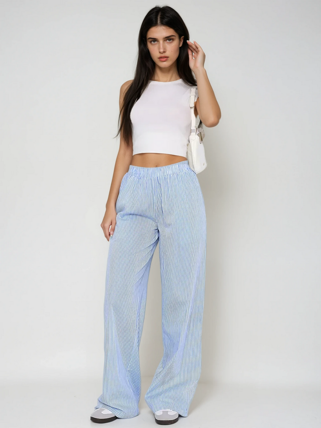 Wide-leg high-waisted elastic striped trousers