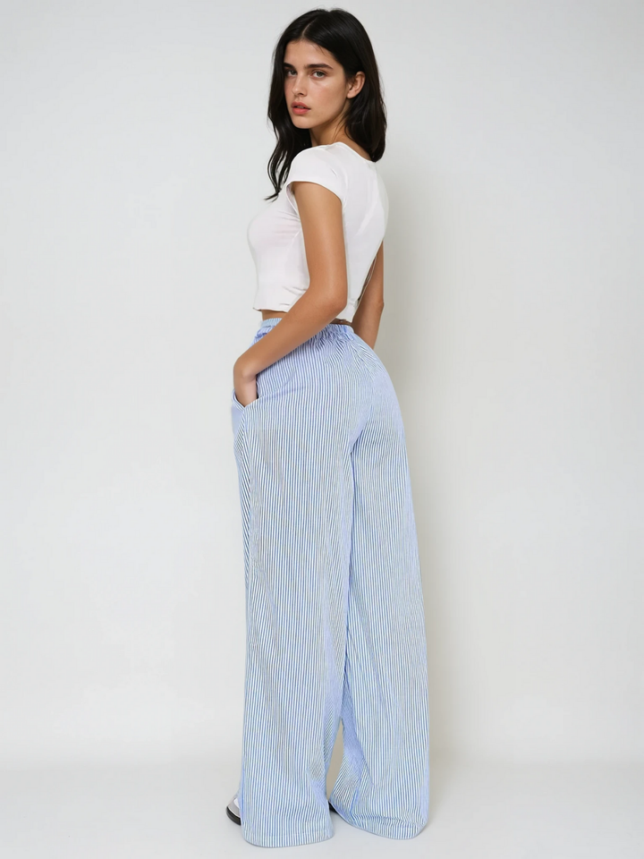 Wide-leg high-waisted elastic striped trousers