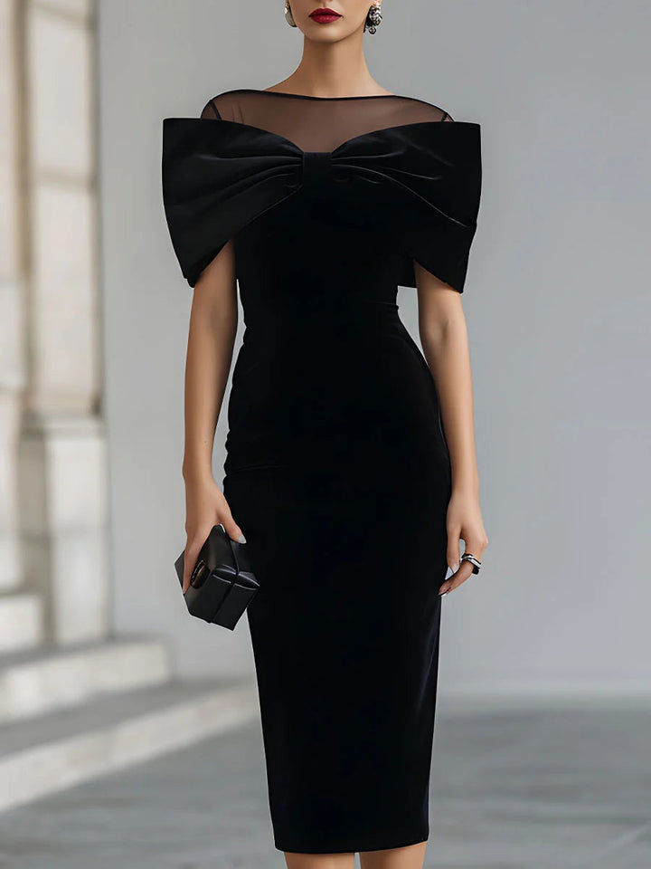 Cătălina | Dramatic Black Velvet Midi Dress with Bow