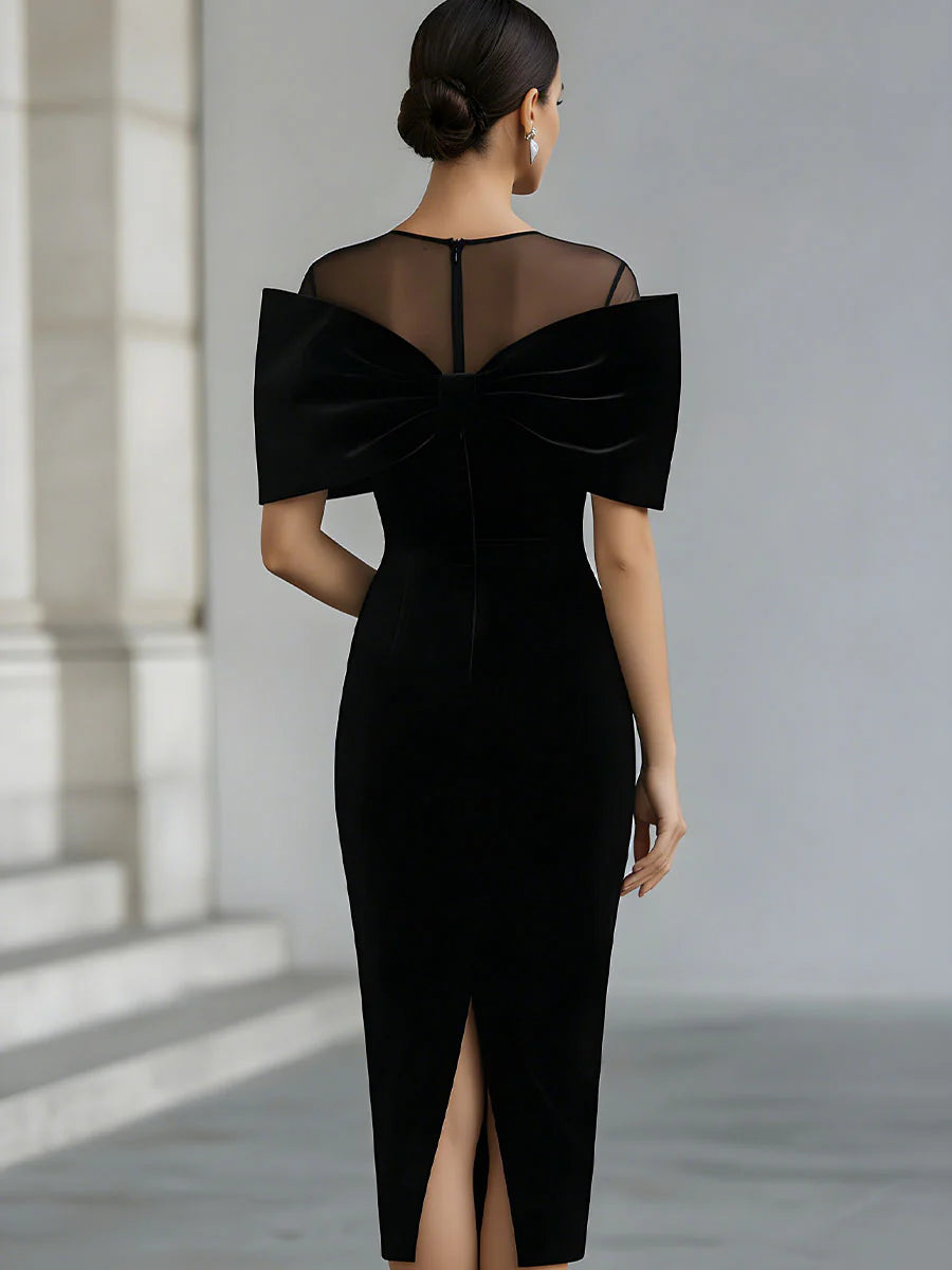 Cătălina | Dramatic Black Velvet Midi Dress with Bow
