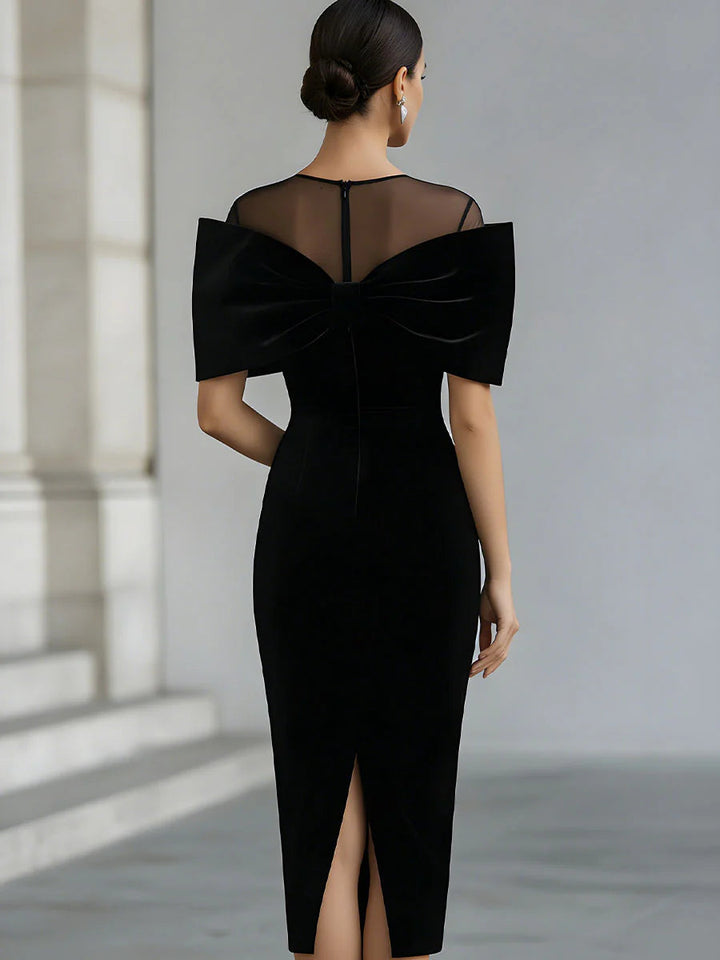 Cătălina | Dramatic Black Velvet Midi Dress with Bow
