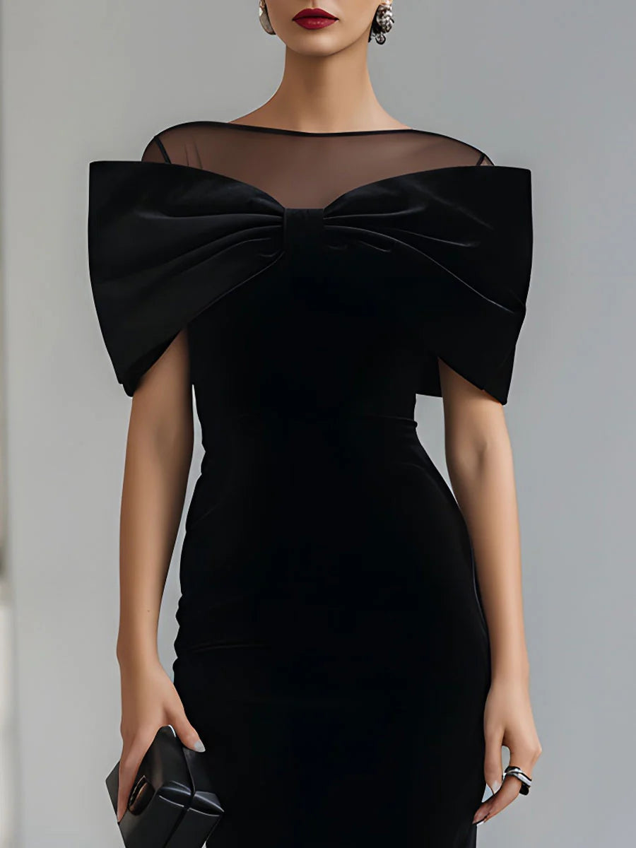 Cătălina | Dramatic Black Velvet Midi Dress with Bow