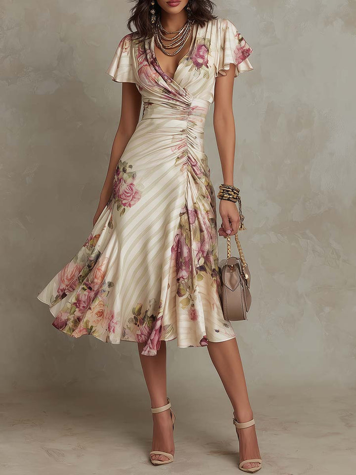 Eliška | Rochie midi vintage cu imprimeu floral și croială înfășurată