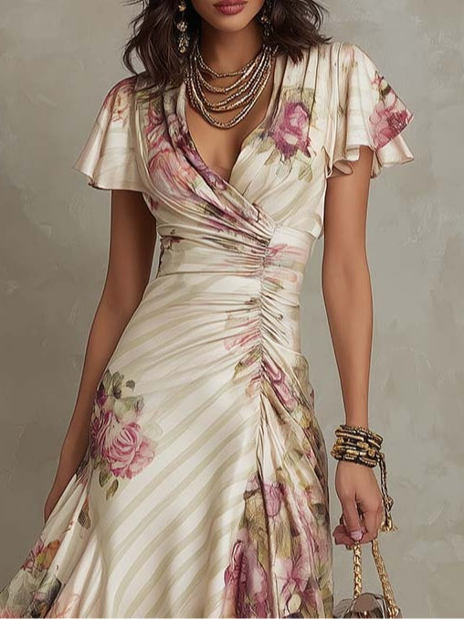 Eliška | Rochie midi vintage cu imprimeu floral și croială înfășurată