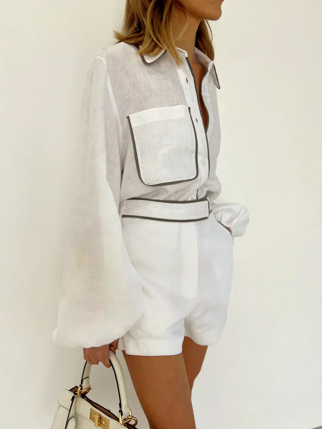 Shorts and linen set with contrasting details