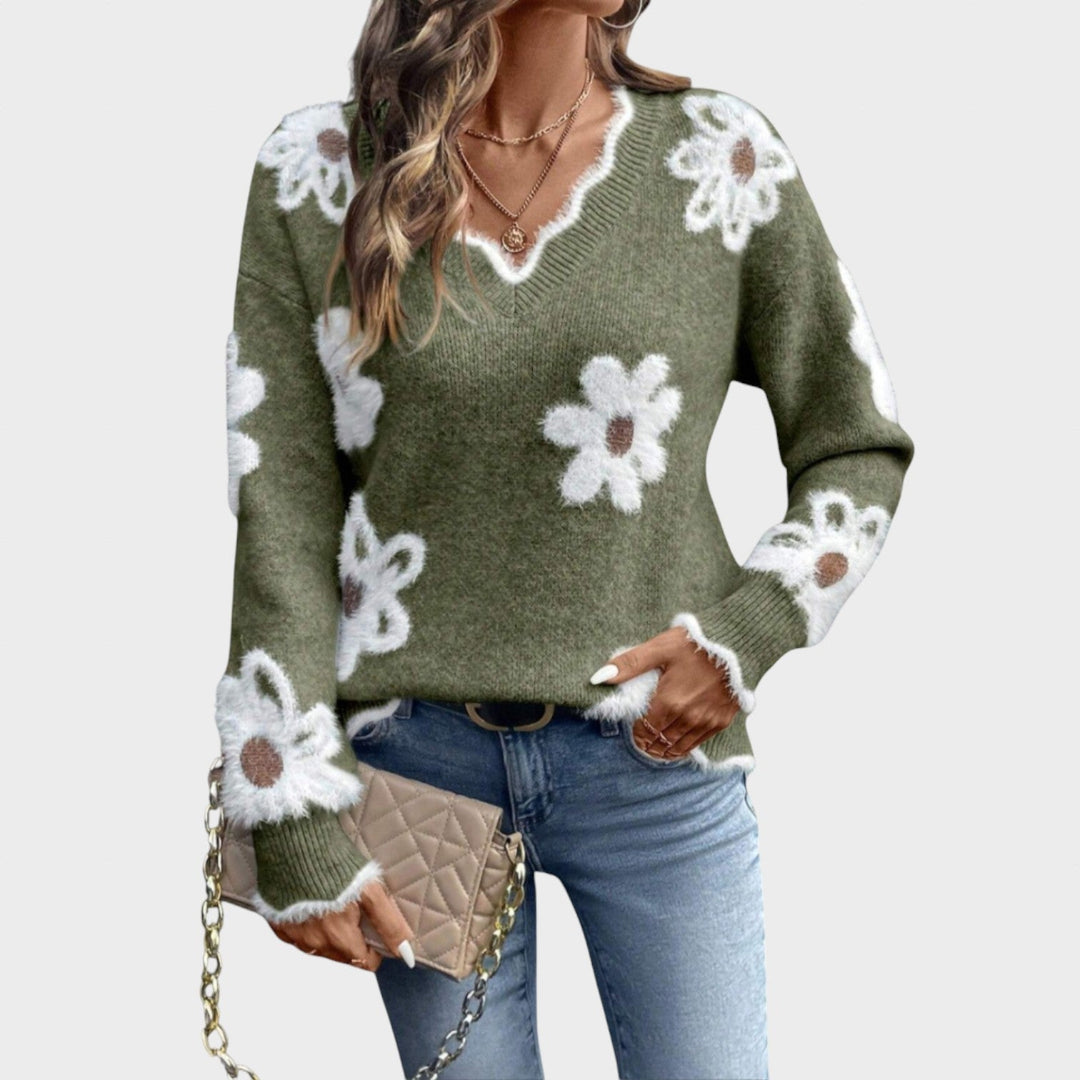 Andreea - V-neck Sweater with Floral Print