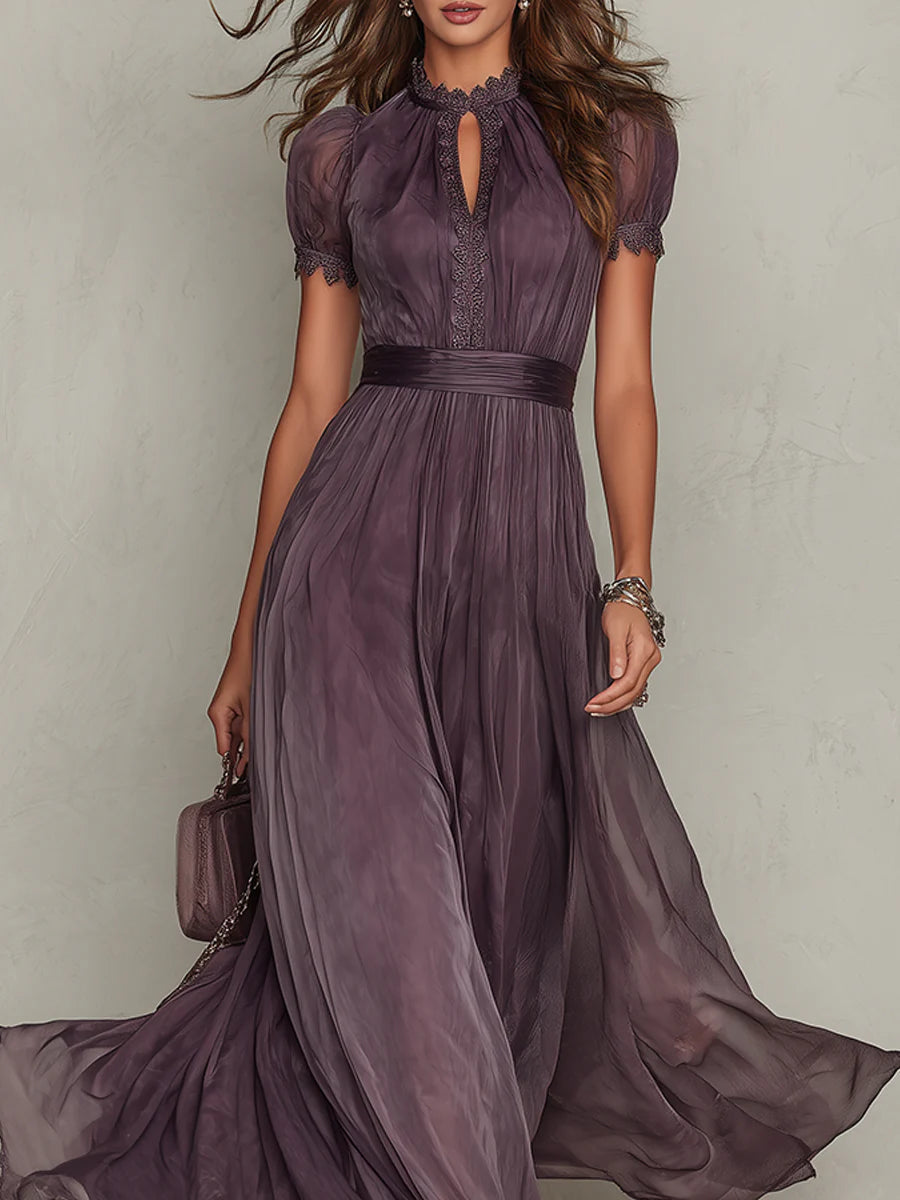 Flavia | Rochie lungă violet cu decolteu în V, căptușită cu dantelă din șifon