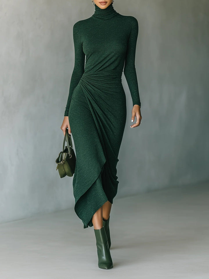 Felicia | Dark Green High Neck Asymmetric Pleated Wrap Midi Dress