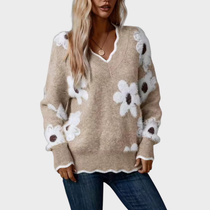 Andreea - V-neck Sweater with Floral Print