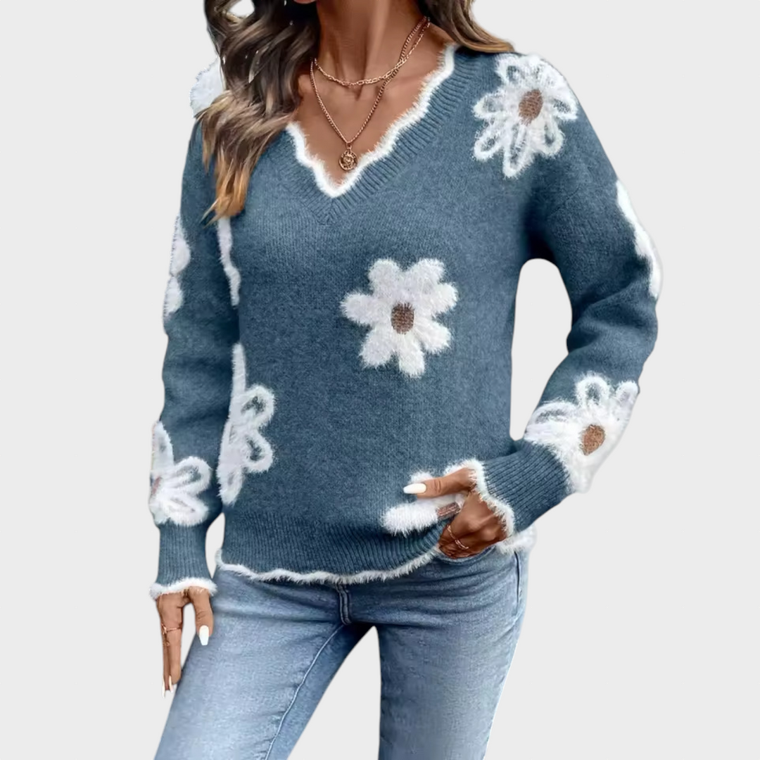 Andreea - V-neck Sweater with Floral Print