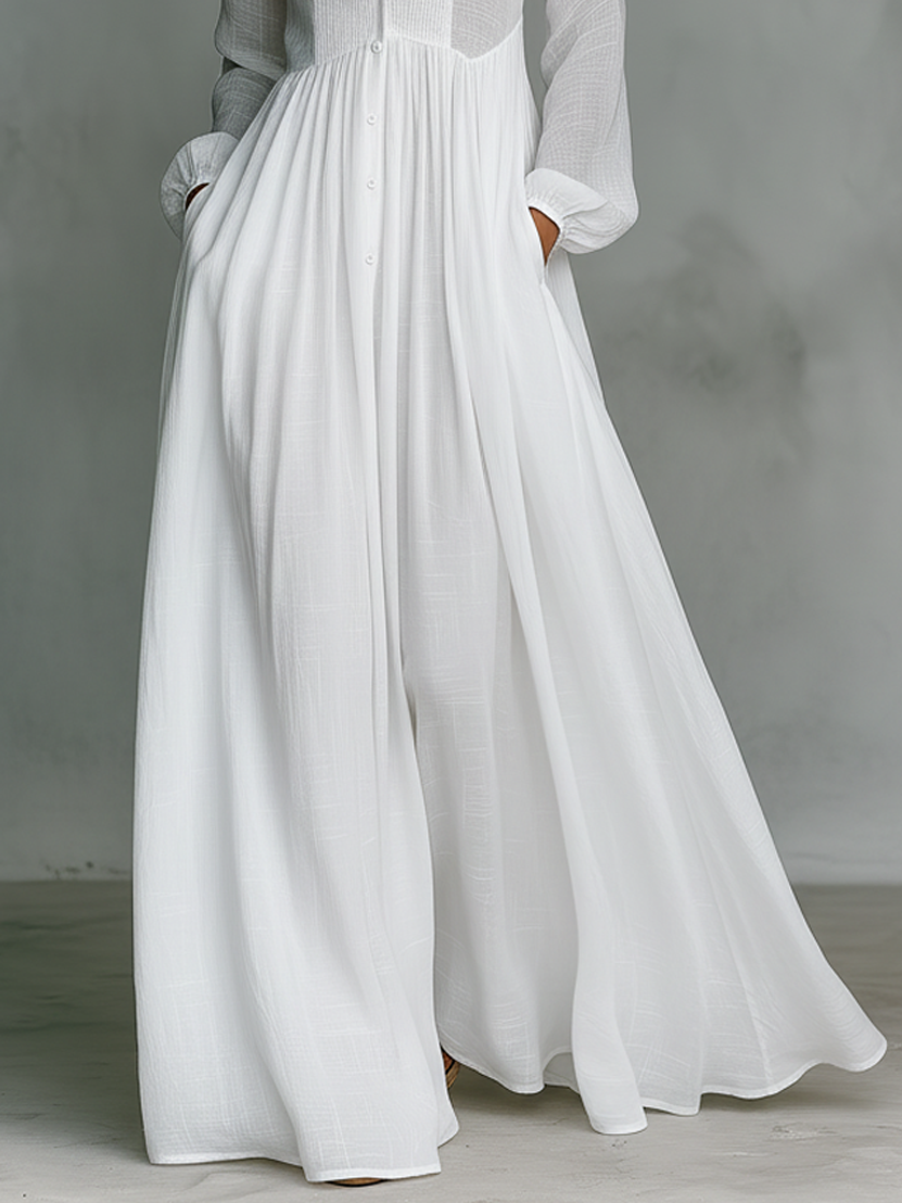 Crina | Rochie Maxi Minimalistă din Bumbac și In cu Patchwork, Gât Înalt și Mâneci Lungi