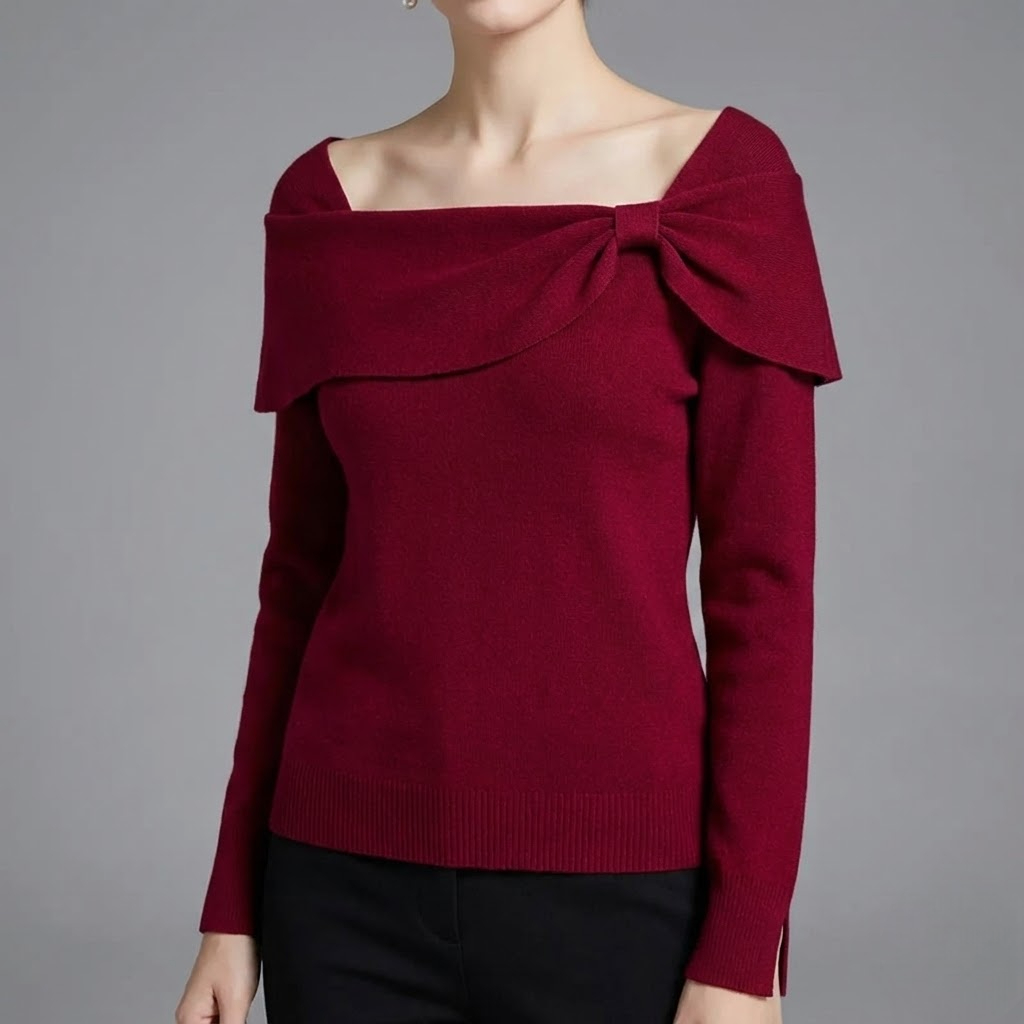 Pulover elegant cu decolteu cu fundă