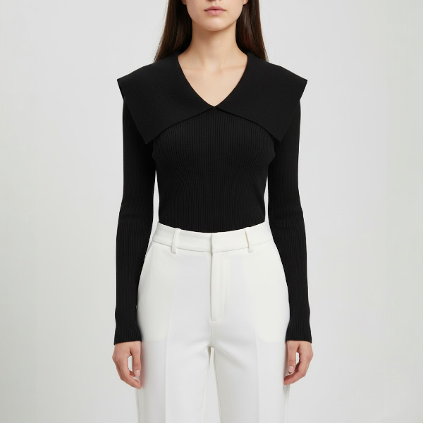 Pulover cu decolteu în V și guler drapat